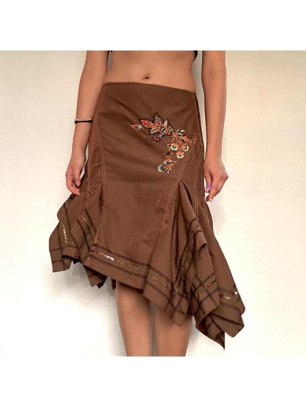 Y2K Miss Me brown handkerchief skirt with embroidery and sequin details